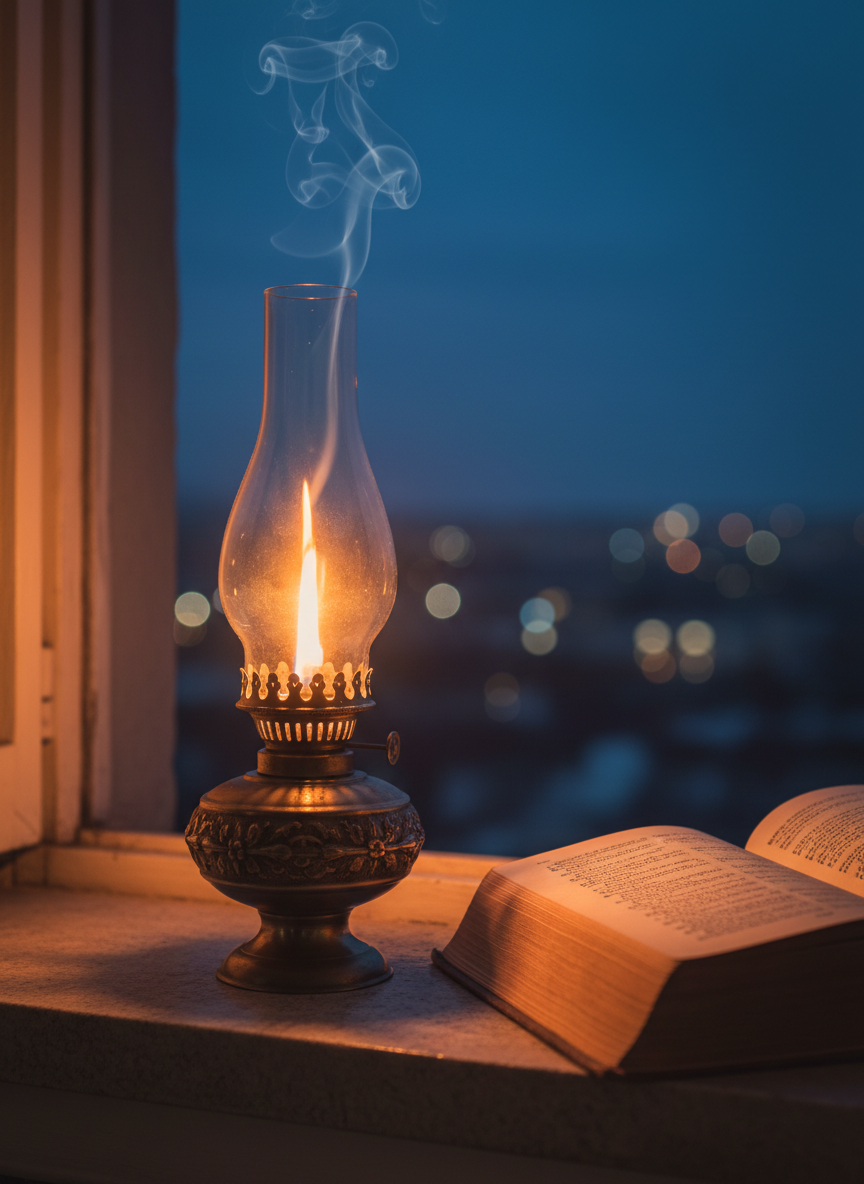 An antique brass oil lamp with a clear glass chimney glows softly on a smooth stone windowsill, its flame steady and bright against a deep indigo twilight sky outside. Wisps of gentle smoke curl upward, illuminated by the warm halo of light that spills across a nearby open hardcover book with thin, slightly wrinkled pages. Beyond the window, distant city lights form a soft bokeh, suggesting a world beyond. The scene is captured in a cinematic, low-angle close-up, emphasizing the lamp’s intricate metalwork and the delicate texture of the pages. Dramatic side lighting creates a serene, reverent atmosphere, symbolizing the Holy Spirit’s quiet presence in a modern, sophisticated aesthetic.