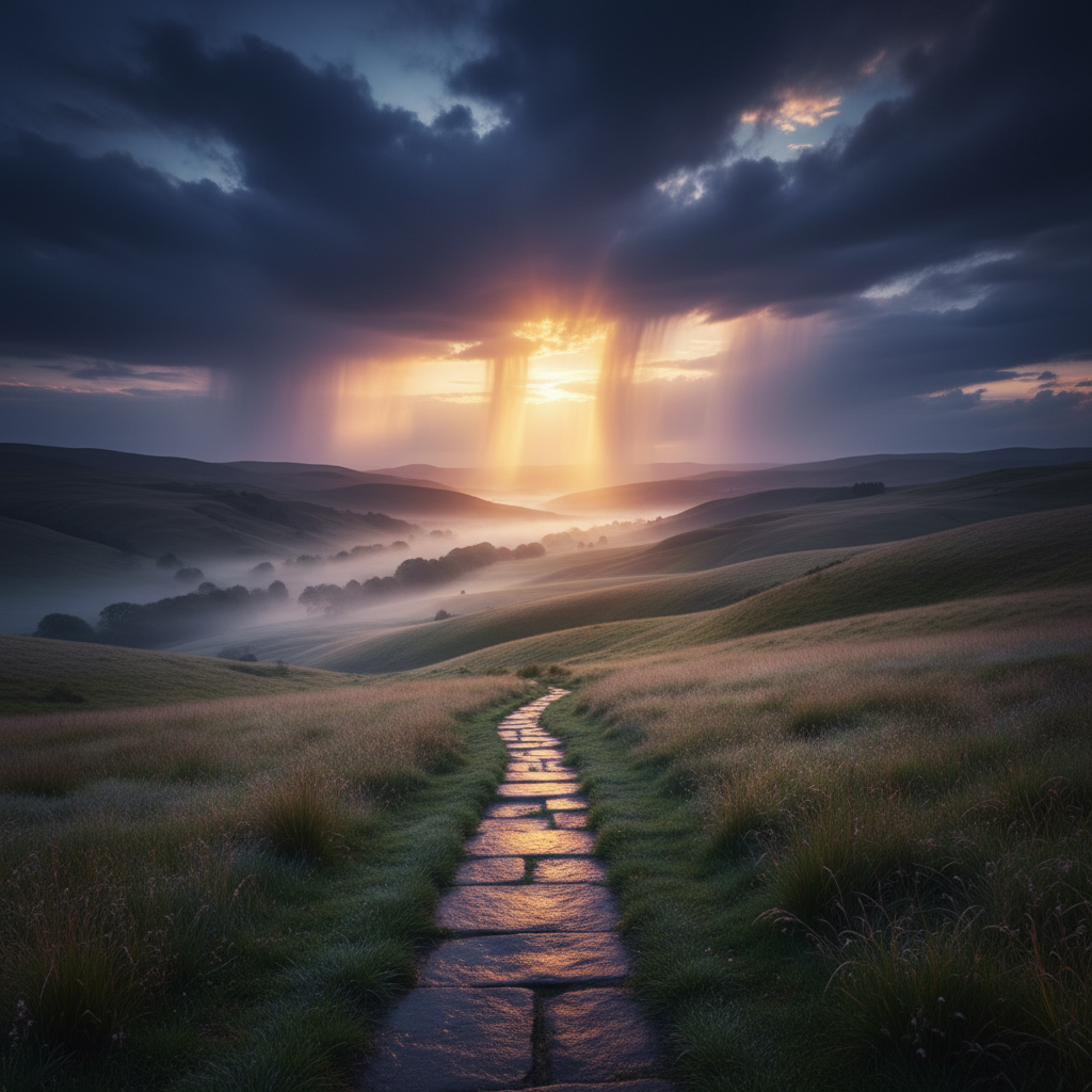 A sweeping, cinematic landscape of rolling hills at dawn stretches toward a distant horizon where a break in heavy storm clouds allows radiant beams of sunlight to cascade down like liquid gold. At the forefront, a narrow, ancient stone path winds through dew-covered grass, glistening with subtle reflections of the sky’s shifting colors—deep blues, soft violets, and emerging warm oranges. Delicate mist rises from a nearby valley, catching the light and creating an ethereal glow. Captured in wide-angle, the composition places the stone path along the lower third of the frame, leading the eye toward the opening in the clouds. The mood is hopeful, expansive, and deeply spiritual, evoking the sense of heaven breaking into the ordinary in a refined, cinematic realism.