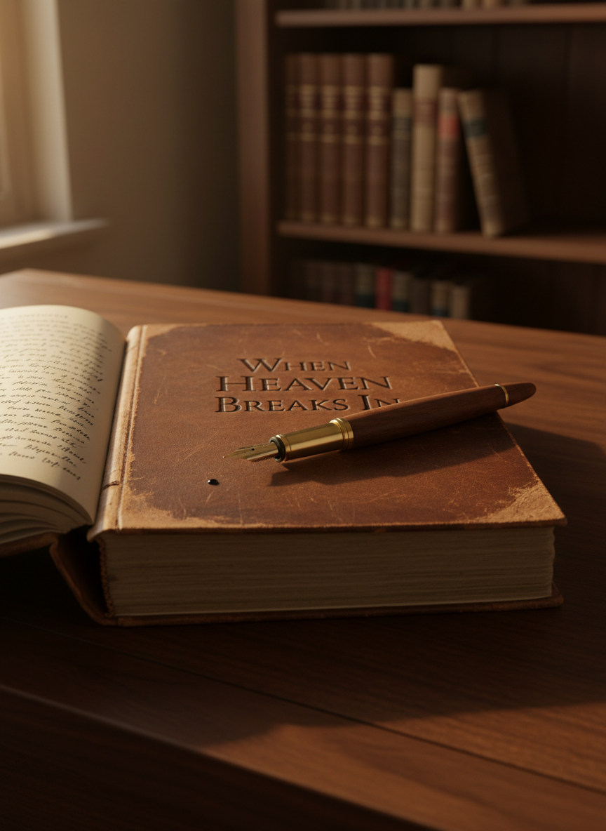 A well-worn leather-bound journal embossed with the subtle title “When Heaven Breaks In” rests open on a dark walnut writing desk, its creamy pages filled with elegant, flowing ink lines and faint margin notes. A single gold-tipped fountain pen lies diagonally across the center fold, a droplet of ink shining at its nib. In the background, a softly blurred stack of other theological volumes lines a built-in bookshelf. Late afternoon light pours through an unseen window, casting long cinematic shadows and a warm golden rim light along the journal’s edges. Captured at a slightly elevated, three-quarter angle with a shallow depth of field, the composition feels contemplative, sophisticated, and intimate, embodying Spirit-filled writing in a rich, cinematic realism.